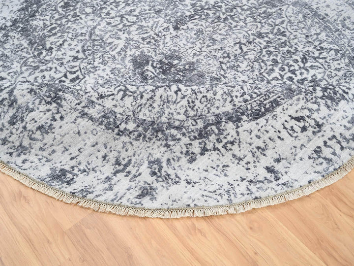 7'10" x 7'10" New Hand Knotted Grey Wool & Silk Round Oriental Rug - MOA10264086