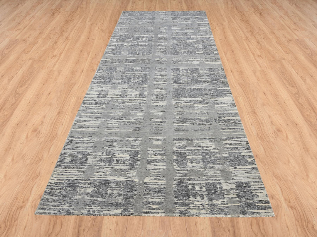 4'1" x 12'0" New Hand Knotted Grey Wool Runner Oriental Rug - MOA10264156