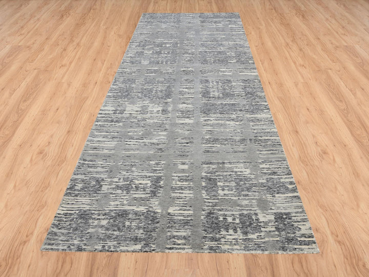 4'1" x 12'0" New Hand Knotted Grey Wool Runner Oriental Rug - MOA10264156
