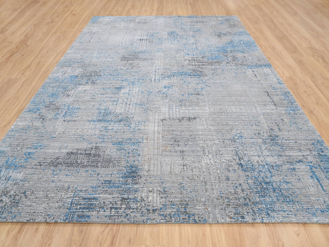 9'1" x 12'1" New Hand Knotted Grey Wool & Silk Rectangle Oriental Rug - MOA10264178