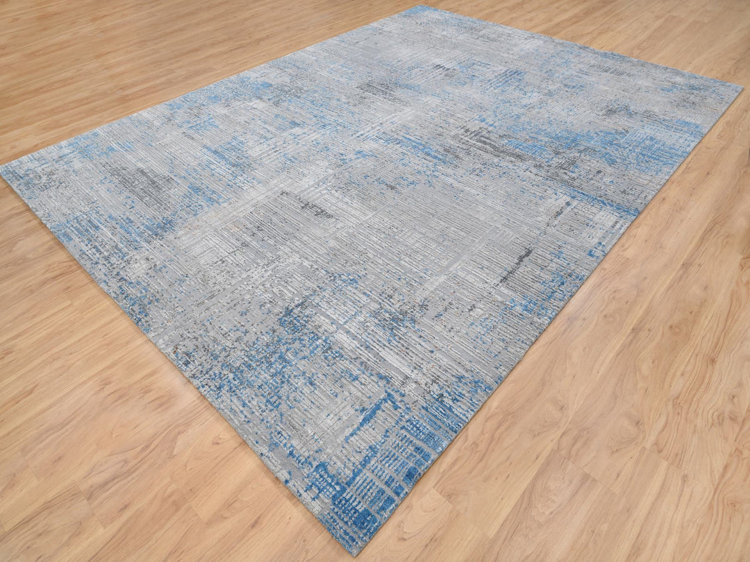 9'1" x 12'1" New Hand Knotted Grey Wool & Silk Rectangle Oriental Rug - MOA10264178