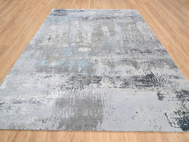 9'0" x 11'10" New Hand Knotted Grey Wool & Silk Rectangle Oriental Rug - MOA10264183
