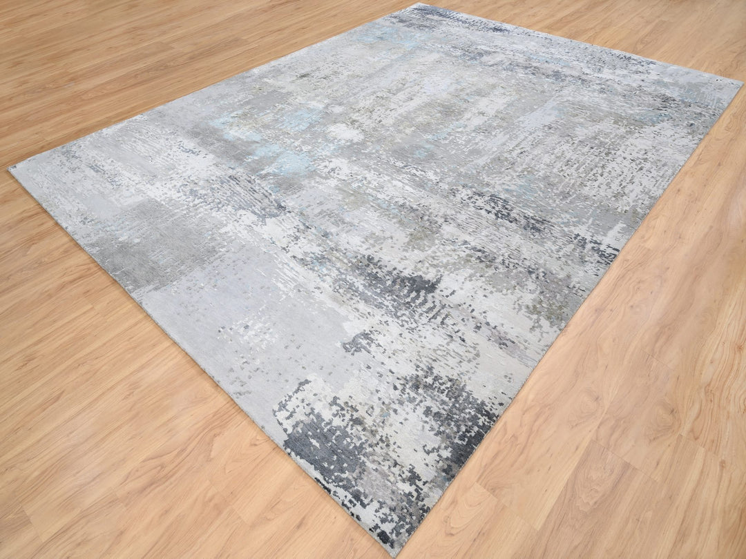 9'0" x 11'10" New Hand Knotted Grey Wool & Silk Rectangle Oriental Rug - MOA10264183
