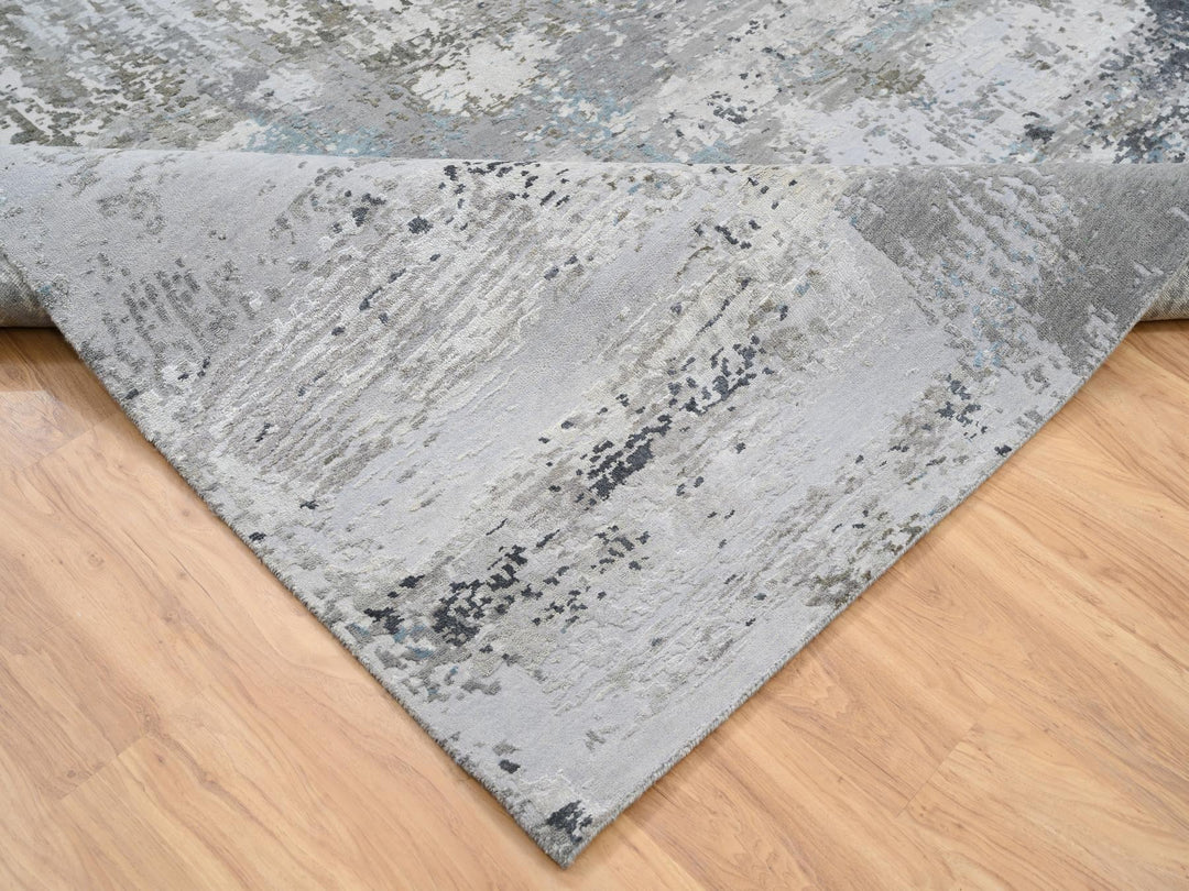 9'0" x 11'10" New Hand Knotted Grey Wool & Silk Rectangle Oriental Rug - MOA10264183
