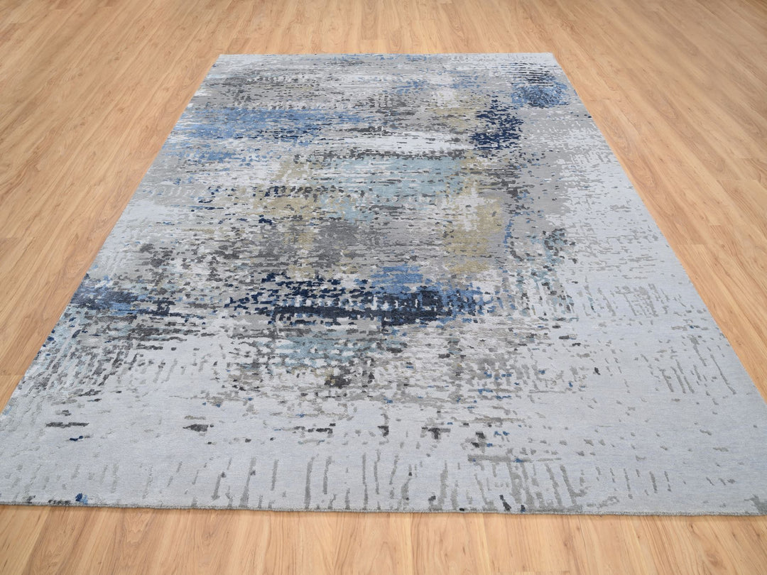 7'10" x 10'0" New Hand Knotted Grey Wool & Silk Rectangle Oriental Rug - MOA10264184