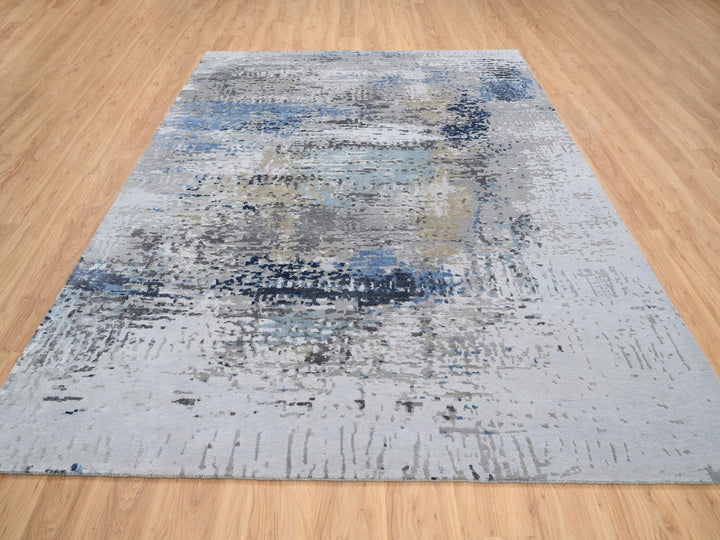 7'10" x 10'0" New Hand Knotted Grey Wool & Silk Rectangle Oriental Rug - MOA10264184