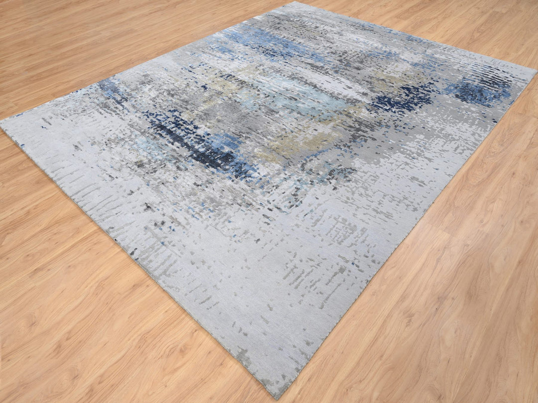 7'10" x 10'0" New Hand Knotted Grey Wool & Silk Rectangle Oriental Rug - MOA10264184