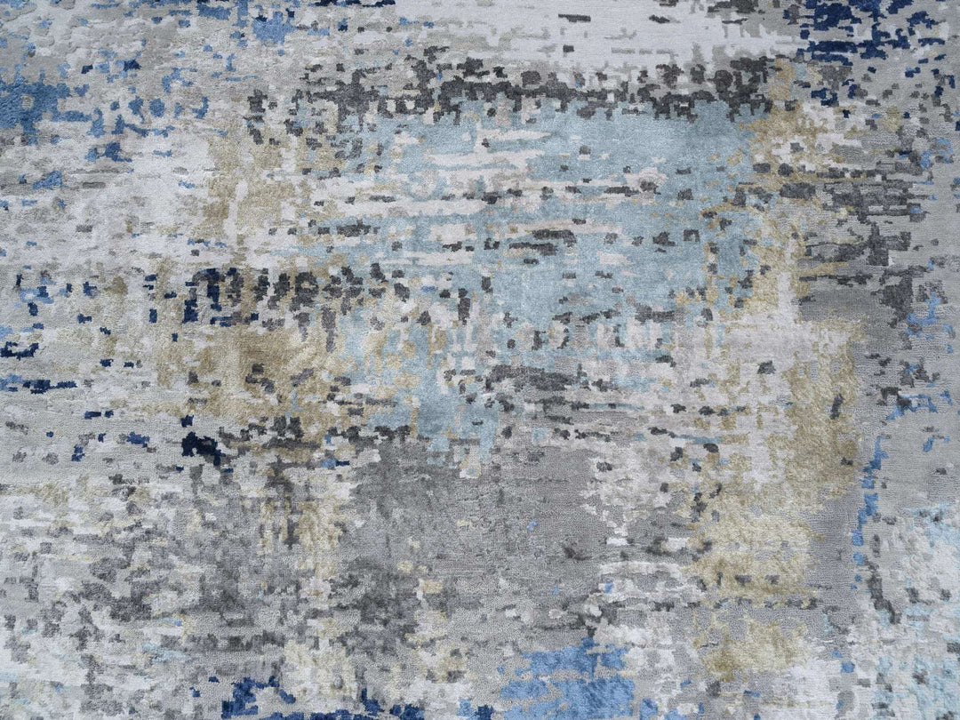 7'10" x 10'0" New Hand Knotted Grey Wool & Silk Rectangle Oriental Rug - MOA10264184