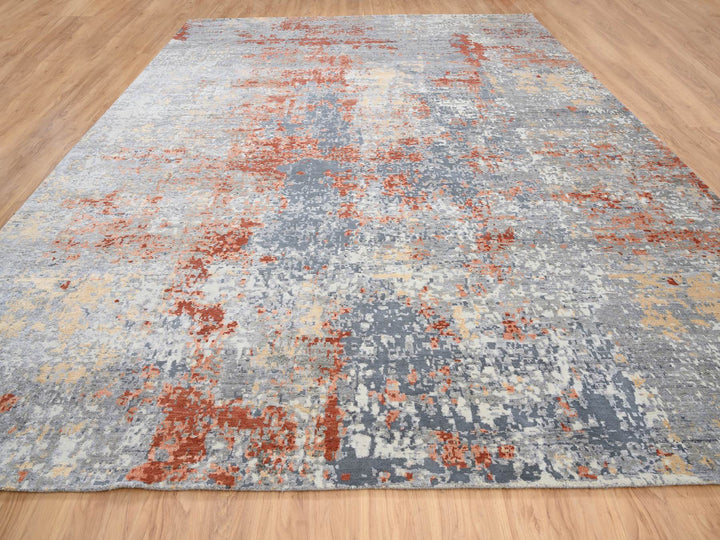 12'0" x 15'3" New Hand Knotted Grey Wool & Silk Rectangle Oriental Rug - MOA10264224