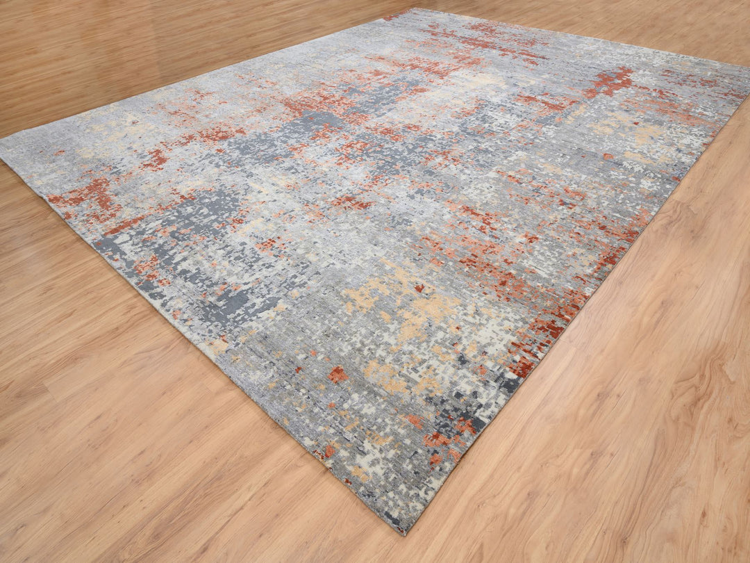 12'0" x 15'3" New Hand Knotted Grey Wool & Silk Rectangle Oriental Rug - MOA10264224