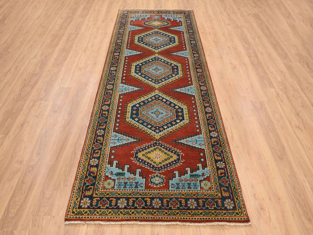 4'0" x 10'0" New Hand Knotted Red Wool Runner Oriental Rug - MOA10264256