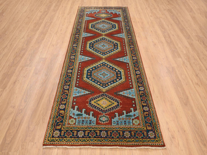 4'0" x 10'0" New Hand Knotted Red Wool Runner Oriental Rug - MOA10264256
