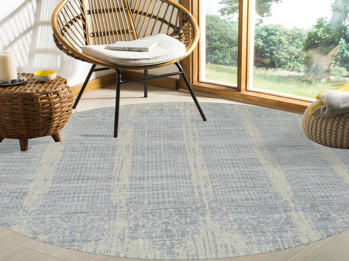 9'0" x 9'0" New Hand Loomed Grey Wool & Silk Round Oriental Rug - MOA10264309
