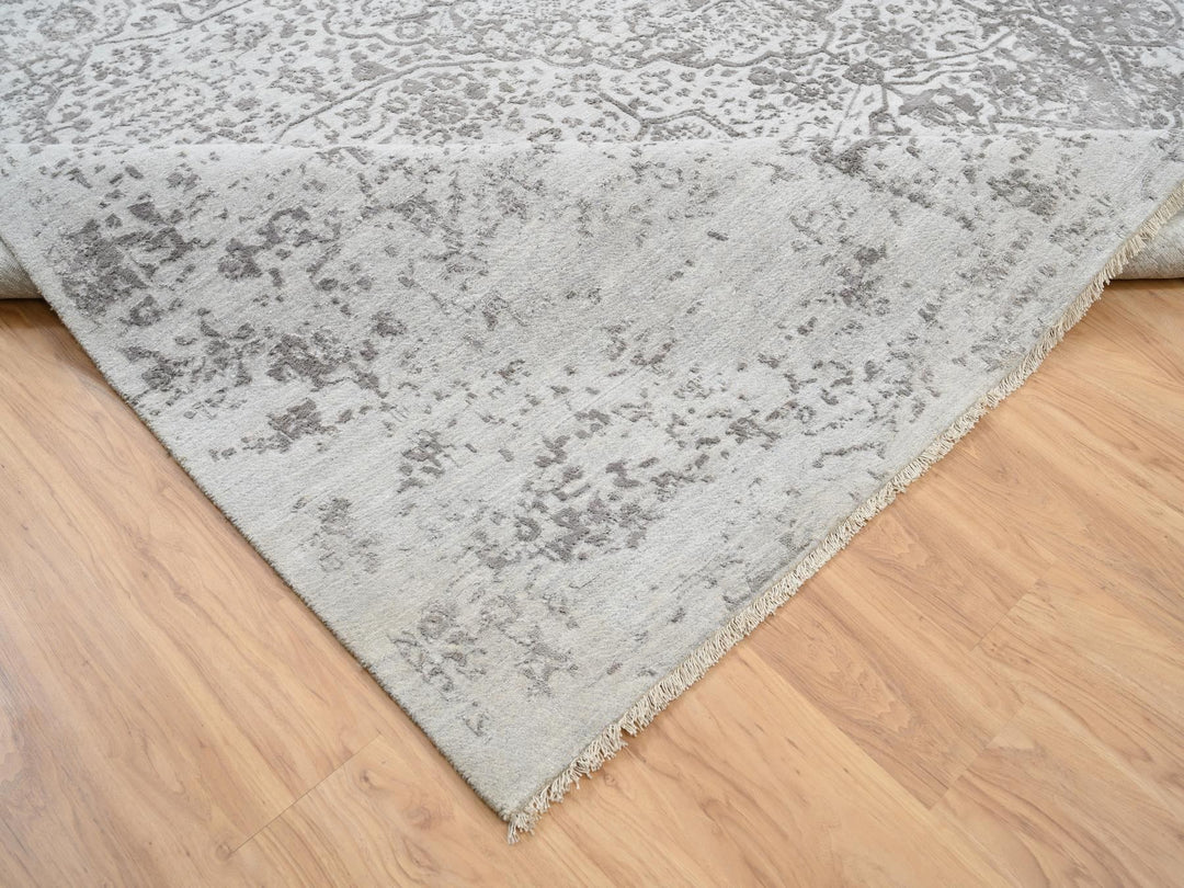 12'0" x 12'0" New Hand Knotted Grey Wool & Pure Silk Square Oriental Rug - MOA10264320