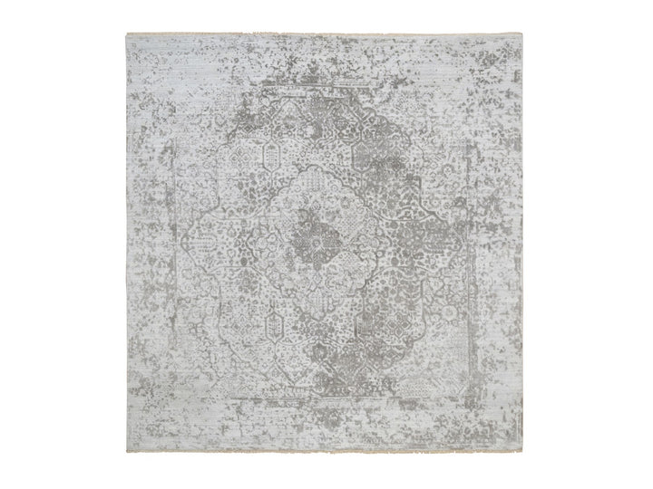 8'0" x 8'3" New Hand Knotted Grey Wool & Pure Silk Square Oriental Rug - MOA10264321