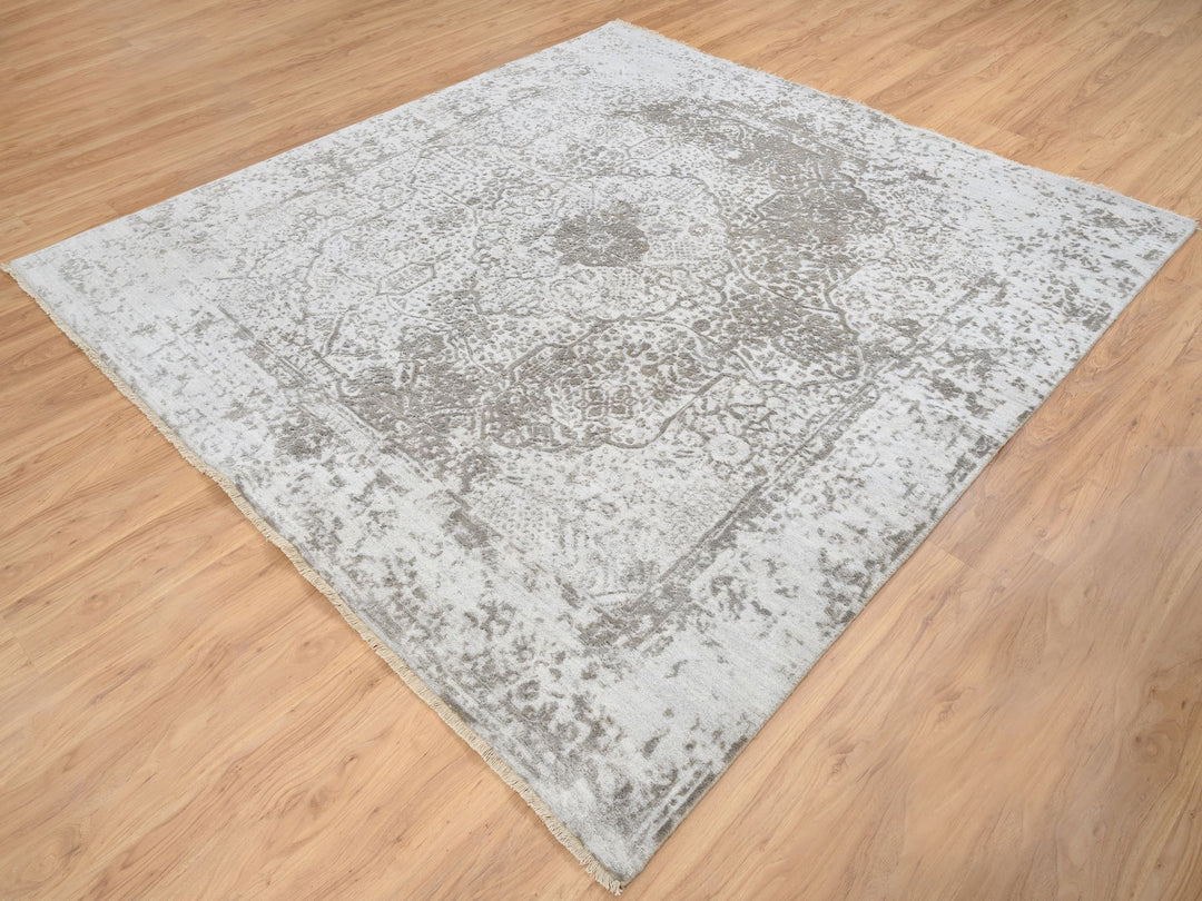 8'0" x 8'3" New Hand Knotted Grey Wool & Pure Silk Square Oriental Rug - MOA10264321