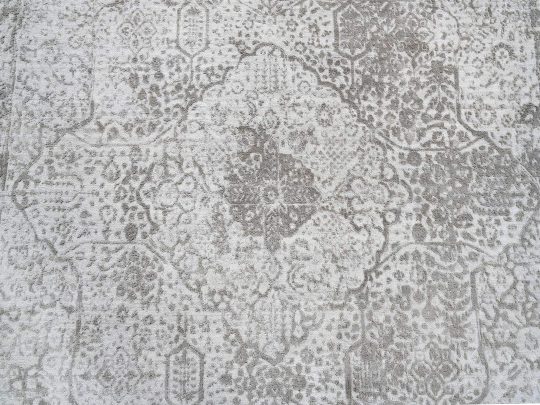 8'0" x 8'3" New Hand Knotted Grey Wool & Pure Silk Square Oriental Rug - MOA10264321