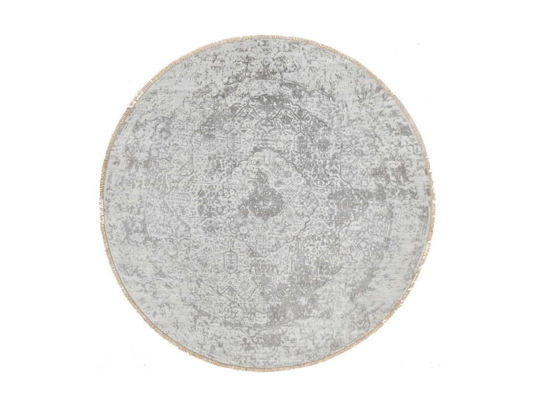6'7" x 6'7" New Hand Knotted Grey Wool & Pure Silk Round Oriental Rug - MOA10264322