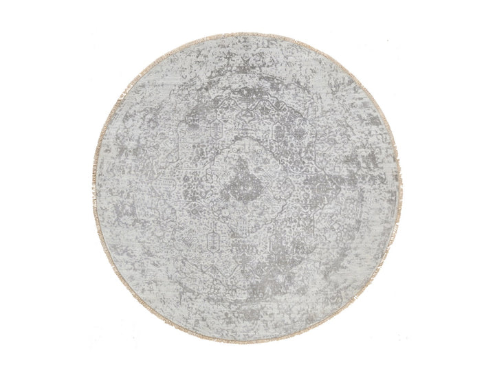 6'7" x 6'7" New Hand Knotted Grey Wool & Pure Silk Round Oriental Rug - MOA10264322