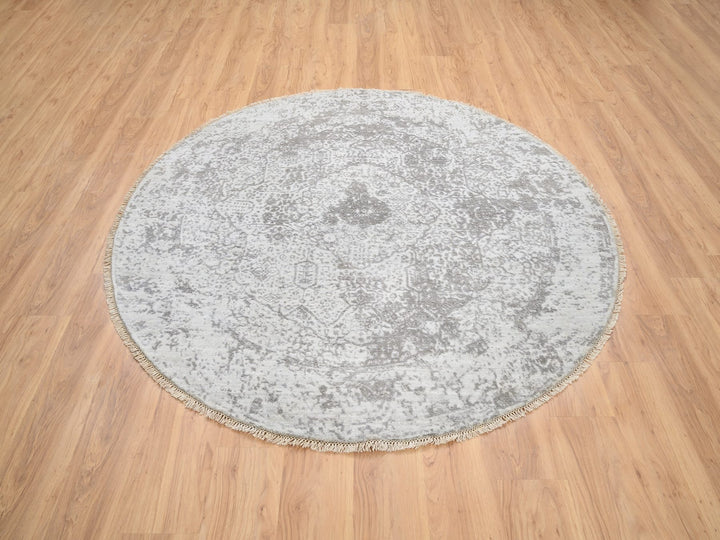 6'7" x 6'7" New Hand Knotted Grey Wool & Pure Silk Round Oriental Rug - MOA10264322