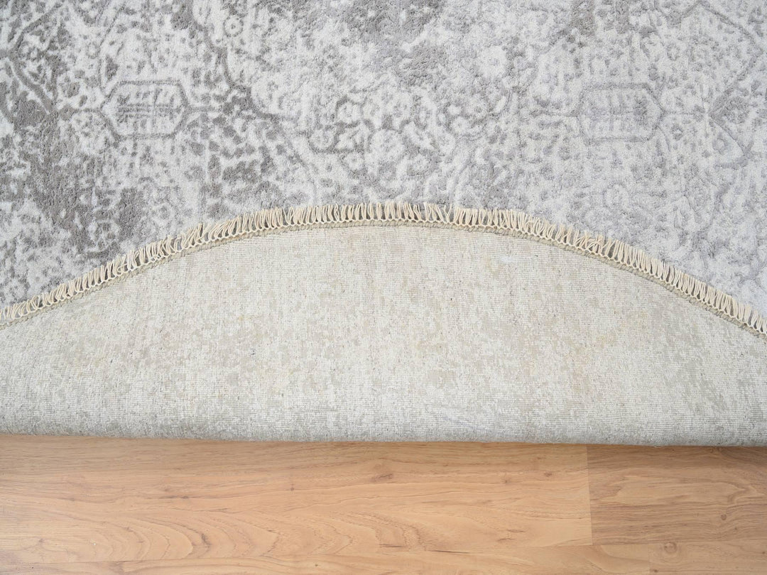 6'7" x 6'7" New Hand Knotted Grey Wool & Pure Silk Round Oriental Rug - MOA10264322