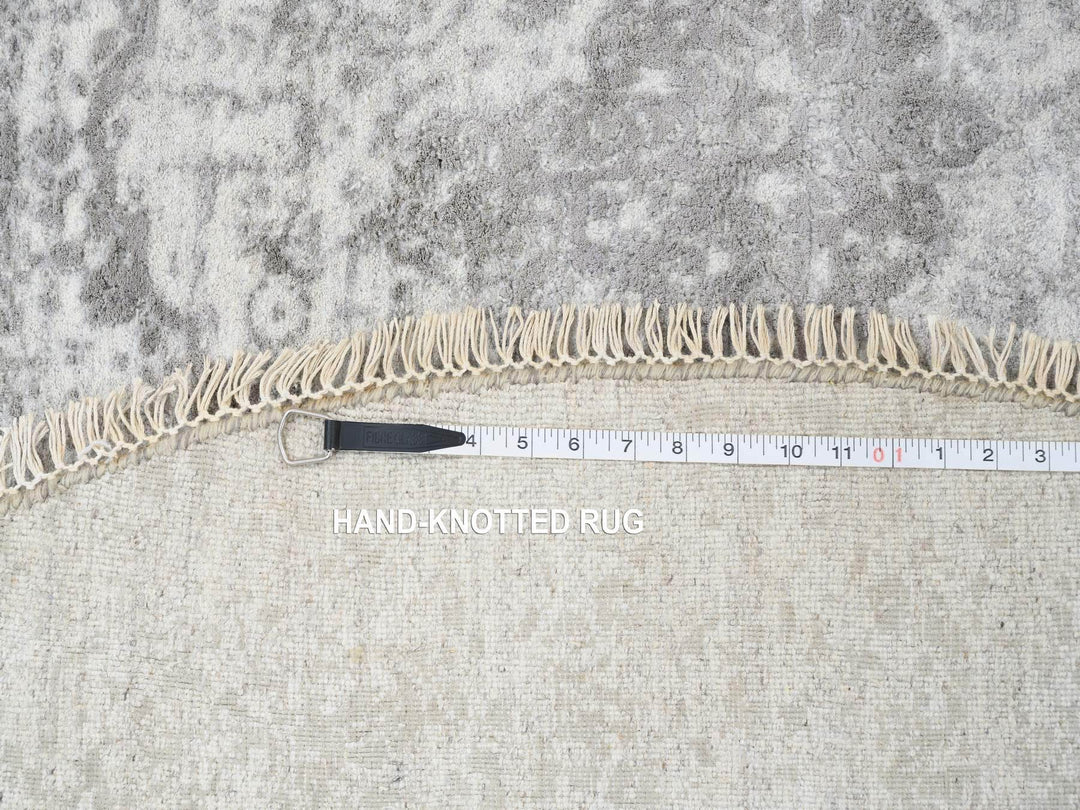 6'7" x 6'7" New Hand Knotted Grey Wool & Pure Silk Round Oriental Rug - MOA10264322