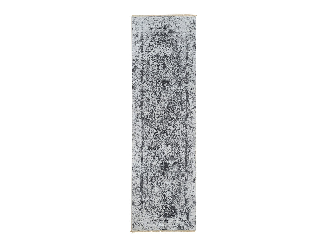 2'7" x 8'2" New Hand Knotted Grey Wool & Pure Silk Runner Oriental Rug - MOA10264324