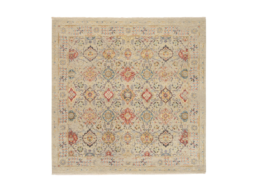 8'0" x 8'1" New Hand Knotted Beige Wool & Pure Silk Square Oriental Rug - MOA10264330