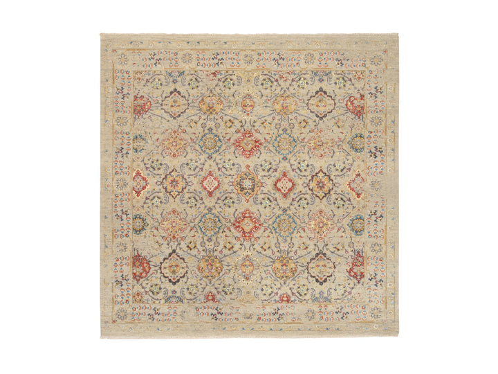 8'0" x 8'1" New Hand Knotted Beige Wool & Pure Silk Square Oriental Rug - MOA10264330