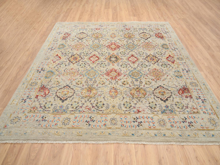 8'0" x 8'1" New Hand Knotted Beige Wool & Pure Silk Square Oriental Rug - MOA10264330