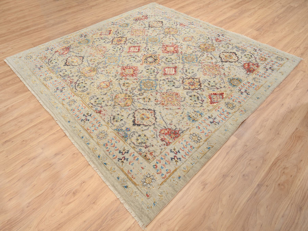 8'0" x 8'1" New Hand Knotted Beige Wool & Pure Silk Square Oriental Rug - MOA10264330