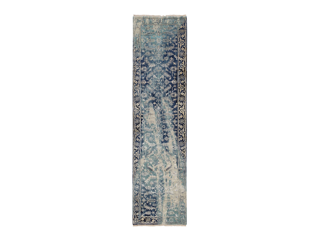 2'7" x 10'0" New Hand Knotted Teal Wool & Silk Runner Oriental Rug - MOA10264356