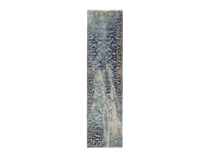 2'7" x 10'0" New Hand Knotted Teal Wool & Silk Runner Oriental Rug - MOA10264356