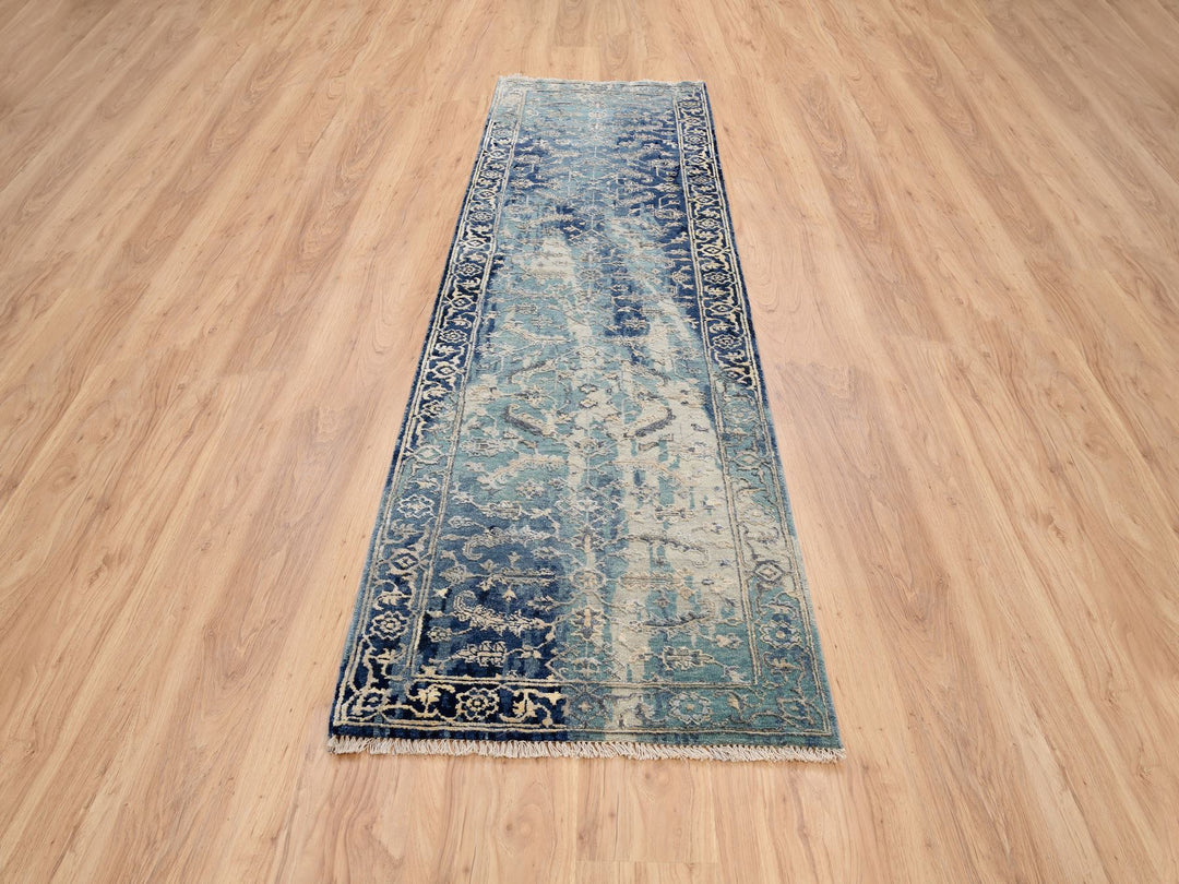 2'7" x 10'0" New Hand Knotted Teal Wool & Silk Runner Oriental Rug - MOA10264356