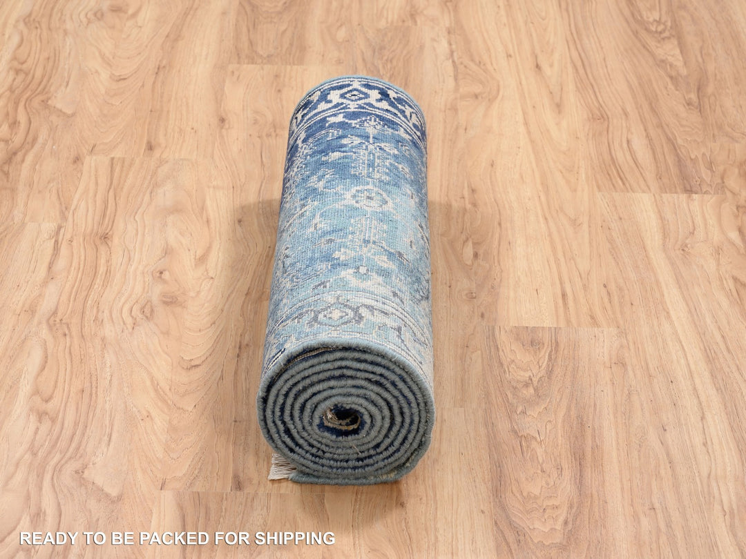 2'7" x 10'0" New Hand Knotted Teal Wool & Silk Runner Oriental Rug - MOA10264356