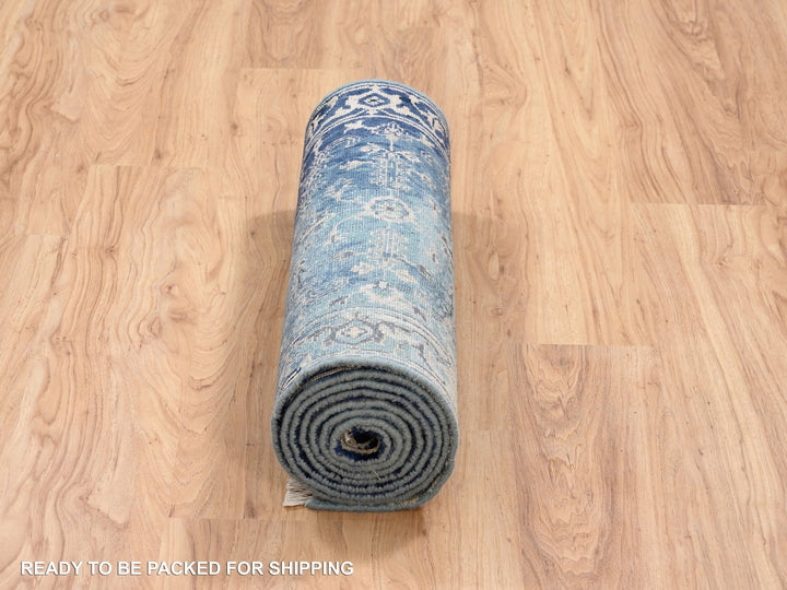 2'7" x 10'0" New Hand Knotted Teal Wool & Silk Runner Oriental Rug - MOA10264356