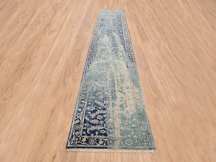 2'7" x 15'9" New Hand Knotted Teal Wool & Silk Runner Oriental Rug - MOA10264367