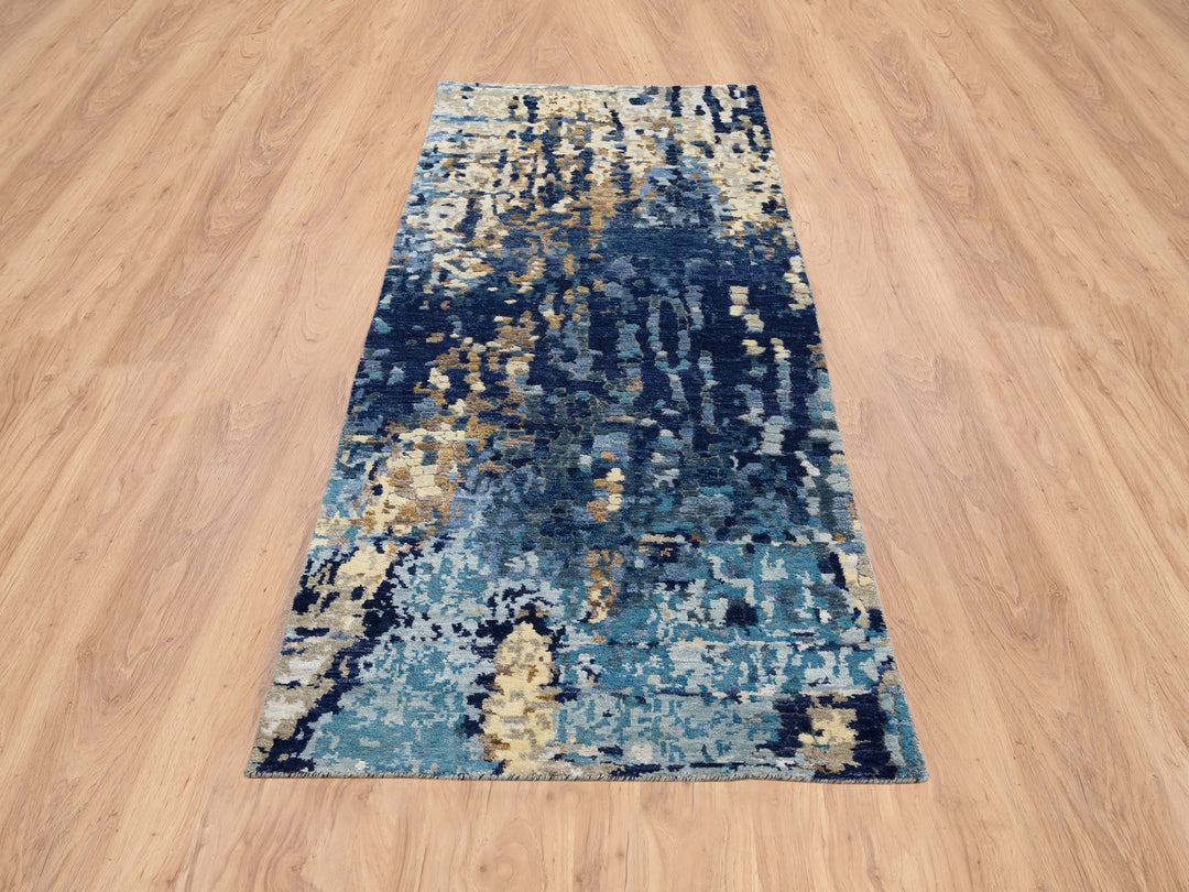 2'6" x 8'0" New Hand Knotted Blue Wool & Silk Runner Oriental Rug - MOA10264370