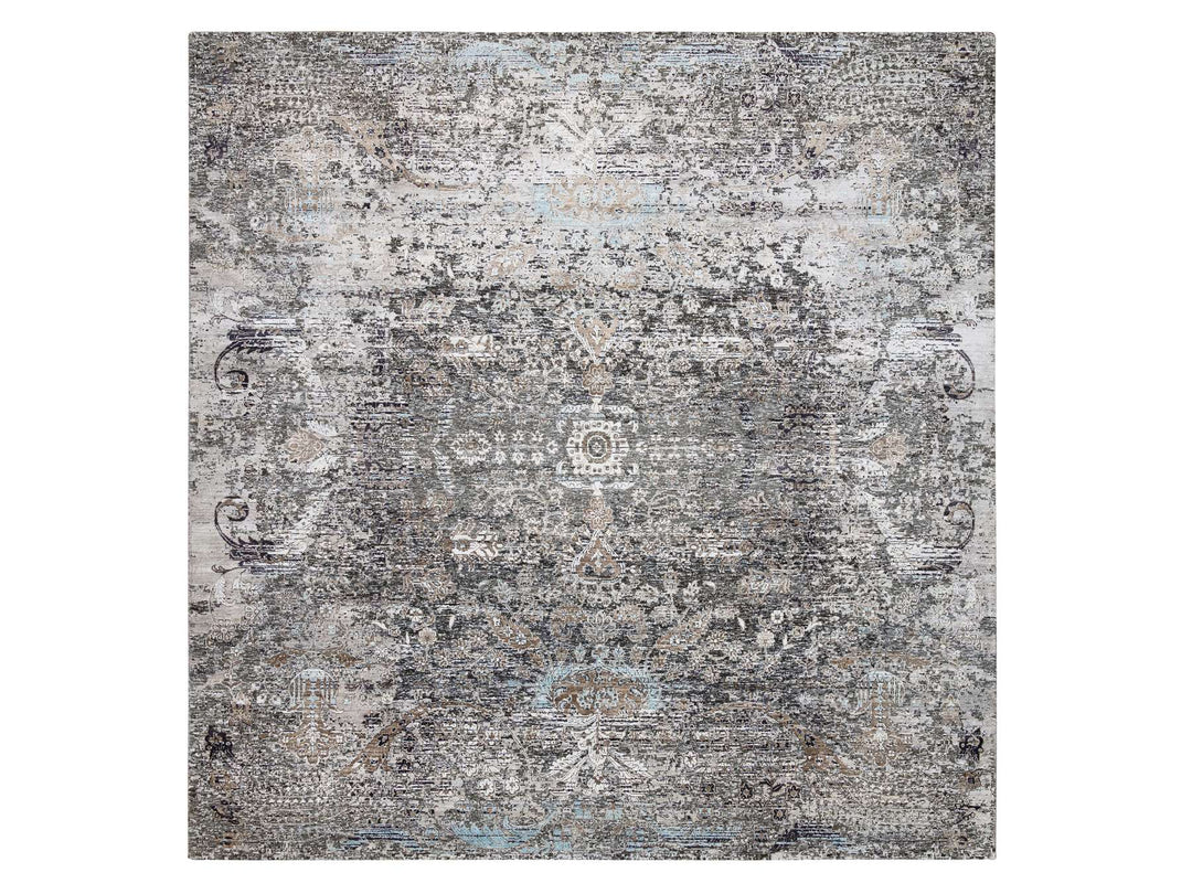 10'0" x 10'3" New Hand Knotted Grey Wool & Silk Square Oriental Rug - MOA10264414