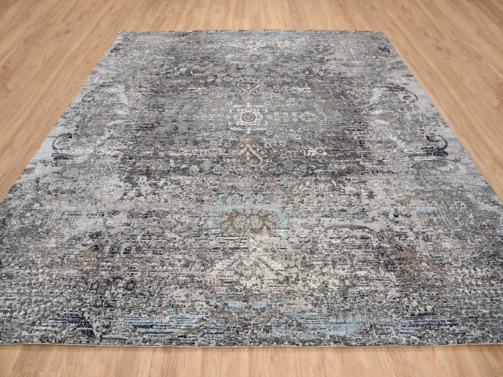 10'0" x 10'3" New Hand Knotted Grey Wool & Silk Square Oriental Rug - MOA10264414