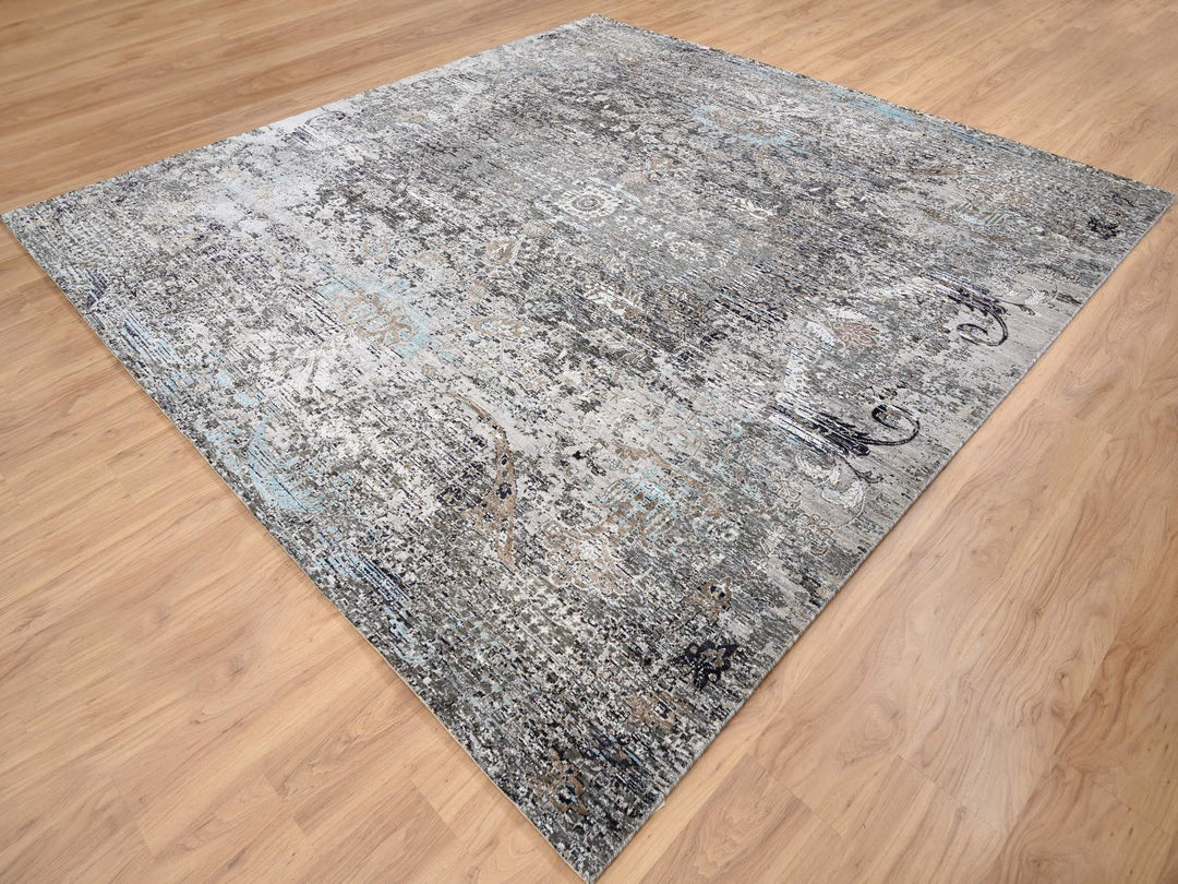 10'0" x 10'3" New Hand Knotted Grey Wool & Silk Square Oriental Rug - MOA10264414