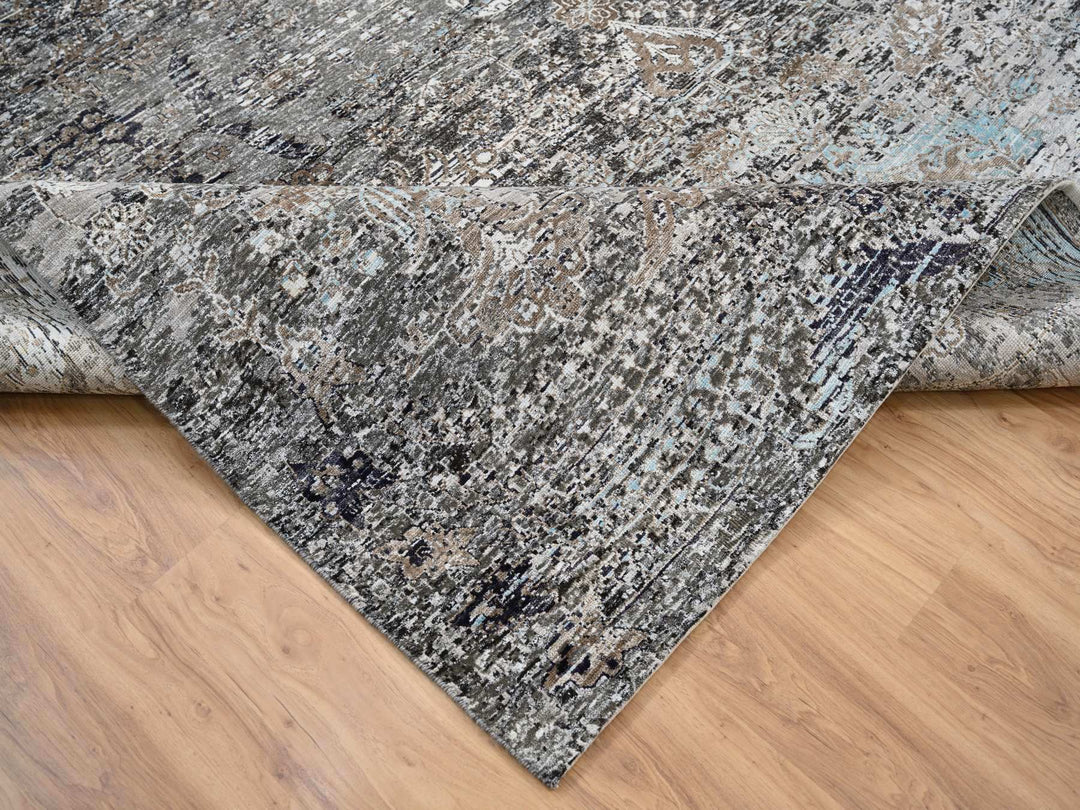 10'0" x 10'3" New Hand Knotted Grey Wool & Silk Square Oriental Rug - MOA10264414