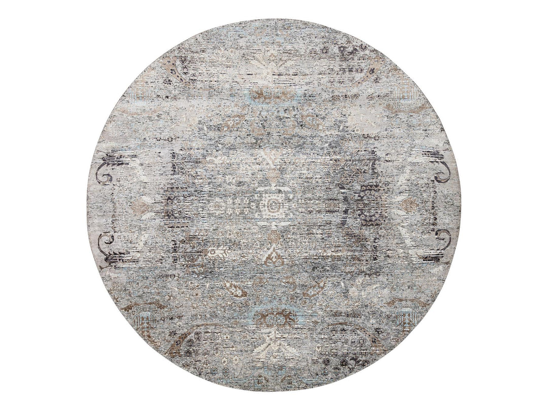 10'0" x 10'3" New Hand Knotted Grey Wool & Silk Round Oriental Rug - MOA10264415