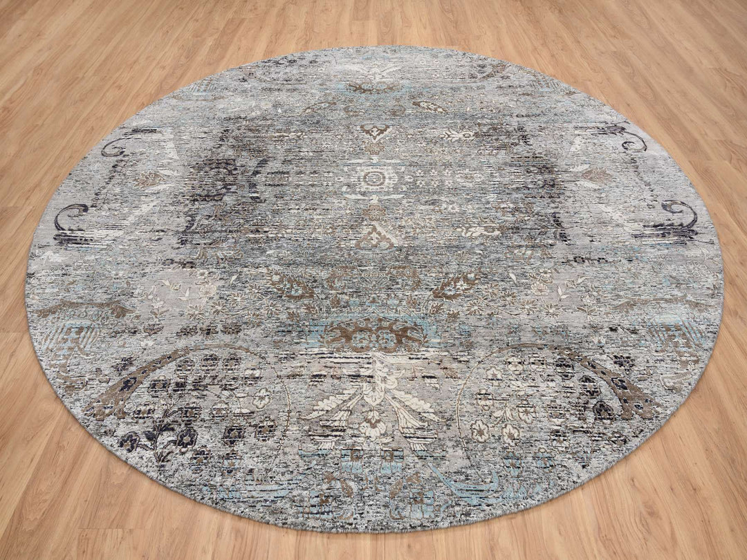10'0" x 10'3" New Hand Knotted Grey Wool & Silk Round Oriental Rug - MOA10264415