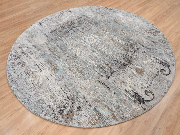 10'0" x 10'3" New Hand Knotted Grey Wool & Silk Round Oriental Rug - MOA10264415