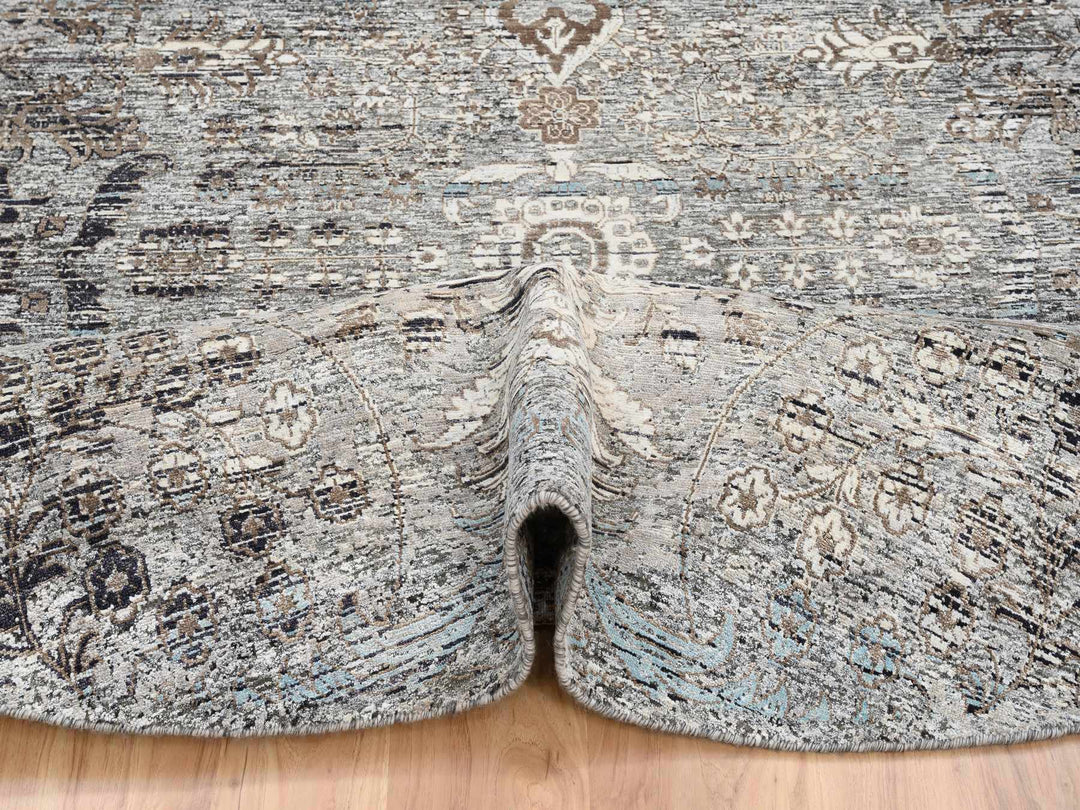 10'0" x 10'3" New Hand Knotted Grey Wool & Silk Round Oriental Rug - MOA10264415