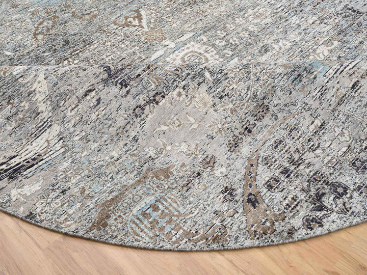10'0" x 10'3" New Hand Knotted Grey Wool & Silk Round Oriental Rug - MOA10264415