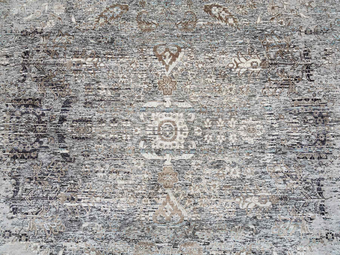 10'0" x 10'3" New Hand Knotted Grey Wool & Silk Round Oriental Rug - MOA10264415