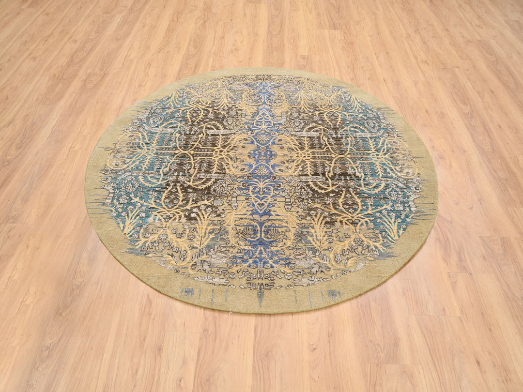 6'0" x 6'0" New Hand Knotted Brown Wool & Silk Round Oriental Rug - MOA10264420