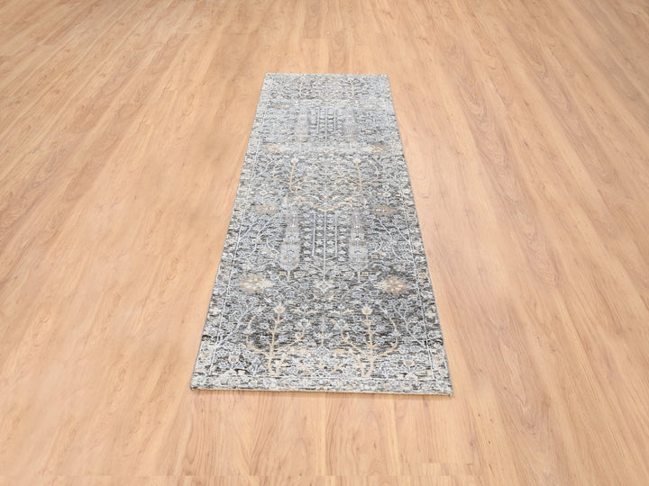 2'7" x 8'3" New Hand Knotted Black Wool & Silk Runner Oriental Rug - MOA10264421
